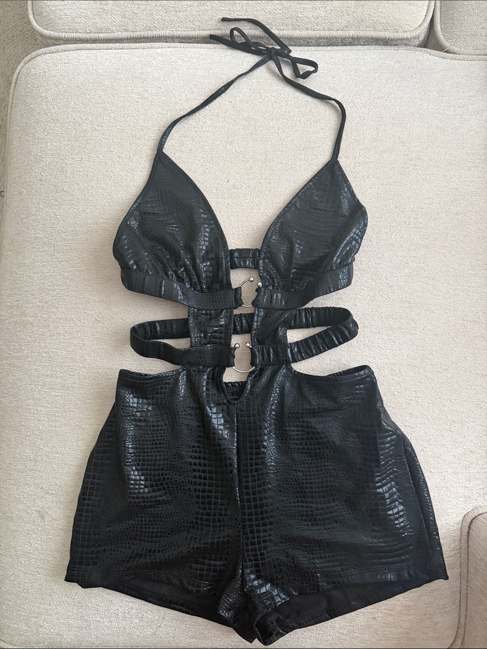Black Faux-Croc One-Piece Halter Romper